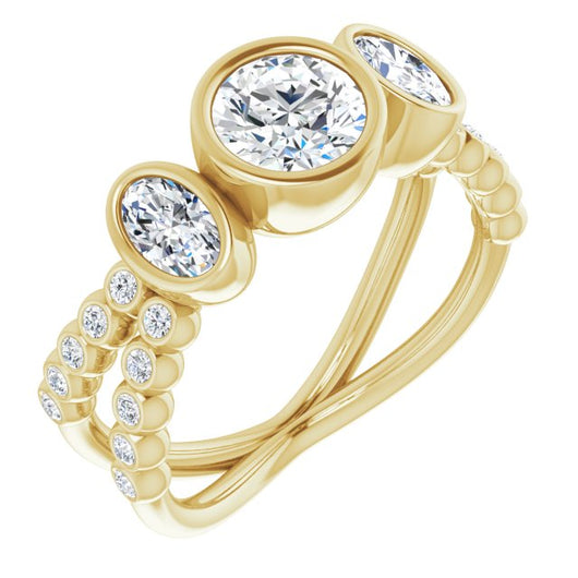 10K Yellow Gold Customizable Bezel-set Round Cut Design with Dual Bezel-Oval Accents and Round-Bezel Accented Split Band