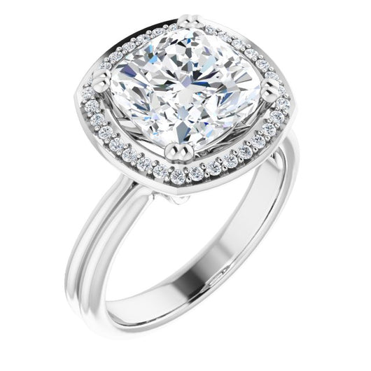 10K White Gold Customizable Cushion Cut Style with Scooped Halo and Grooved Band