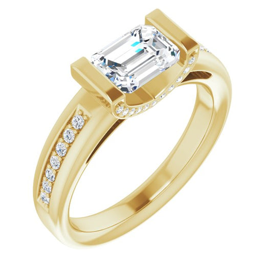 10K Yellow Gold Customizable Cathedral-Bar Emerald/Radiant Cut Design featuring Shared Prong Band and Prong Accents