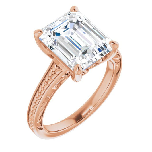 10K Rose Gold Customizable Emerald/Radiant Cut Solitaire with Organic Textured Band and Decorative Prong Basket