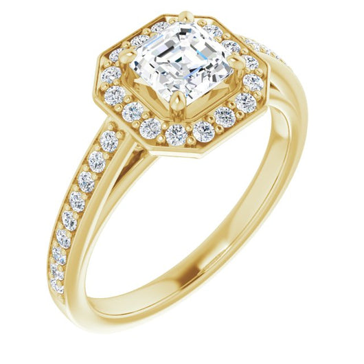 10K Yellow Gold Customizable Asscher Cut Style with Halo and Sculptural Trellis