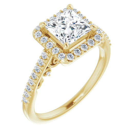 10K Yellow Gold Customizable Cathedral-Halo Princess/Square Cut Design with Carved Metal Accent plus Pavé Band