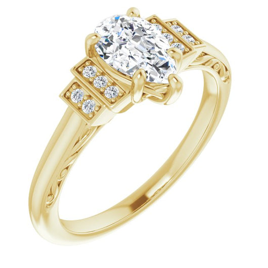 10K Yellow Gold Customizable Engraved Design with Pear Cut Center and Perpendicular Band Accents