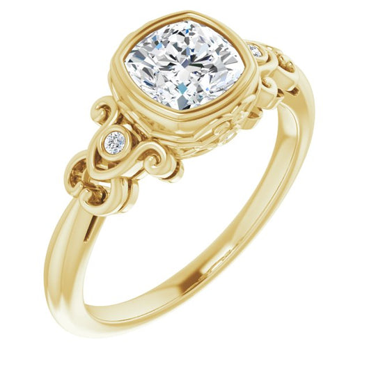 10K Yellow Gold Customizable 5-stone Design with Cushion Cut Center and Quad Round-Bezel Accents