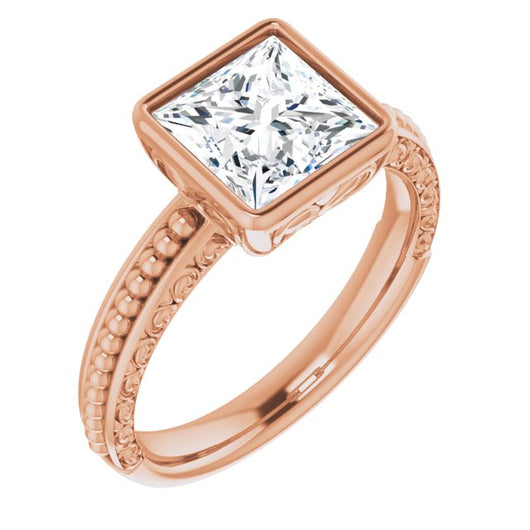 10K Rose Gold Customizable Bezel-set Princess/Square Cut Solitaire with Beaded and Carved Three-sided Band