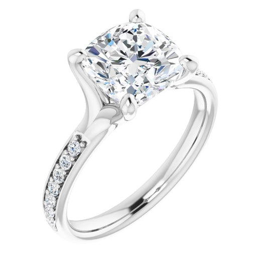 10K White Gold Customizable Heavy Prong-Set Cushion Cut Style with Round Cut Band Accents