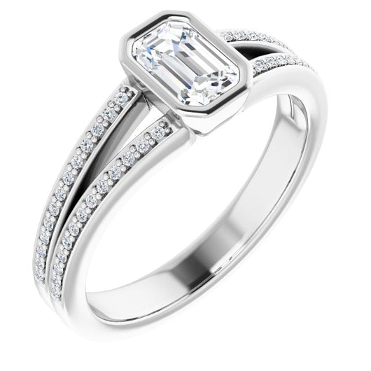 10K White Gold Customizable Bezel-set Emerald/Radiant Cut Design with Split Shared Prong Band