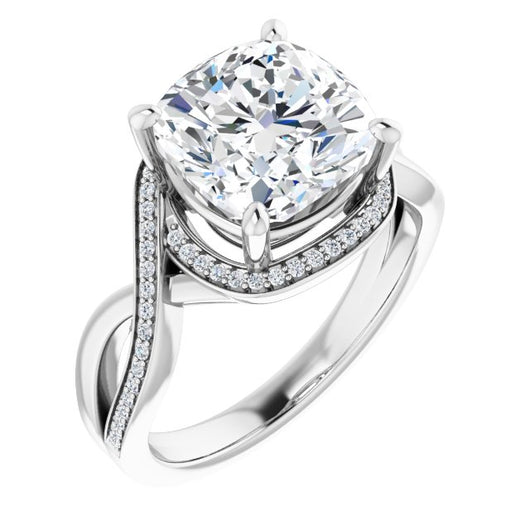 10K White Gold Customizable Bypass-Halo-Accented Cushion Cut Center with Twisting Split Shared Prong Band