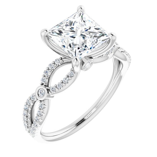 10K White Gold Customizable Princess/Square Cut Design with Infinity-inspired Split Pavé Band and Bezel Peekaboo Accents