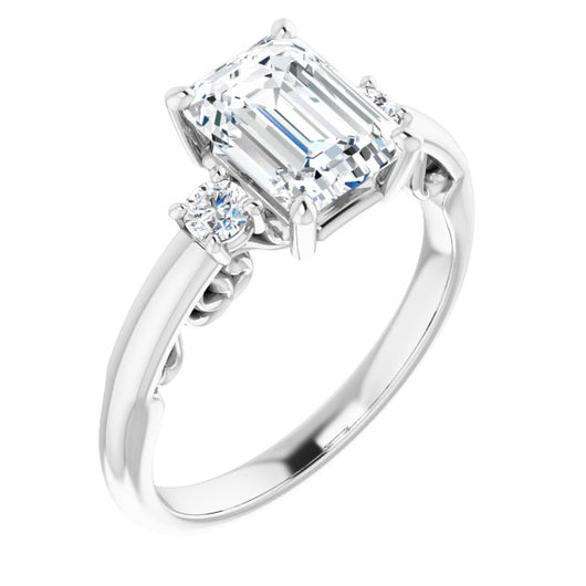 10K White Gold Customizable Emerald/Radiant Cut 3-stone Style featuring Heart-Motif Band Enhancement