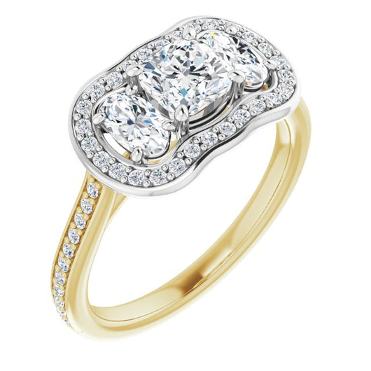 14K Yellow & White Gold Customizable Cushion Cut Style with Oval Cut Accents, 3-stone Halo & Thin Shared Prong Band