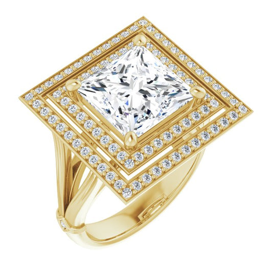 10K Yellow Gold Customizable Cathedral-set Princess/Square Cut Design with Double Halo, Wide Split Band and Side Knuckle Accents