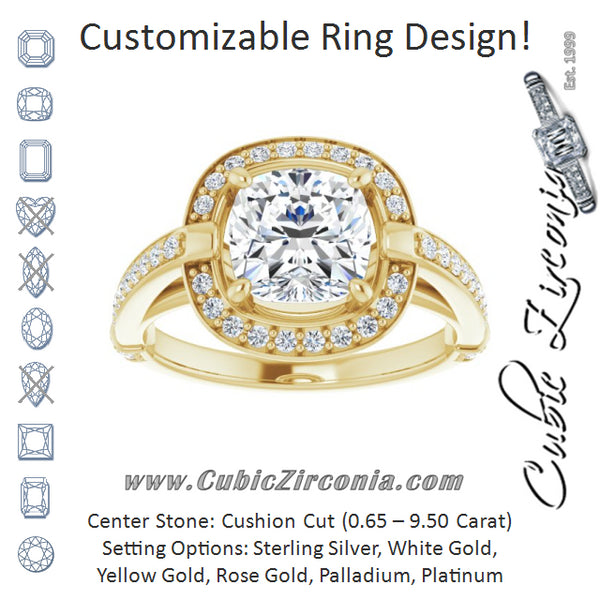 Cubic Zirconia Engagement Ring- The Ebba (Customizable High-Cathedral Cushion Cut Design with Halo and Shared Prong Band)