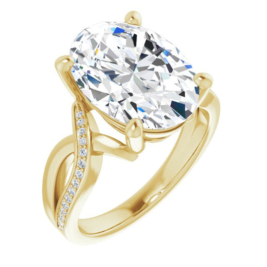 10K Yellow Gold Customizable Oval Cut Center with Curving Split-Band featuring One Shared Prong Leg