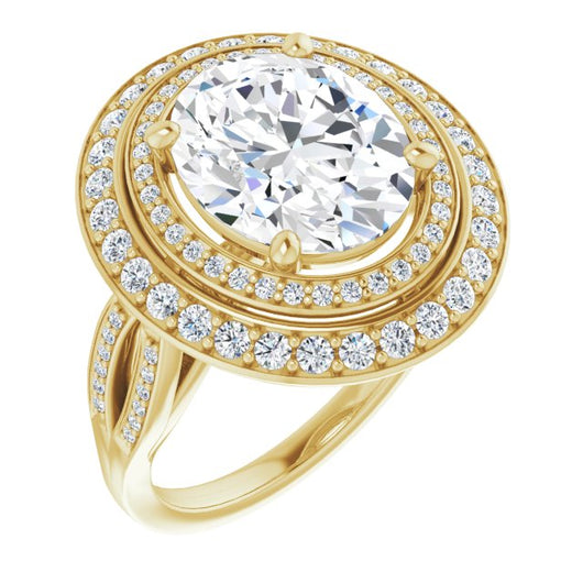 10K Yellow Gold Customizable Cathedral-style Oval Cut Design with Double Halo & Split-Pavé Band