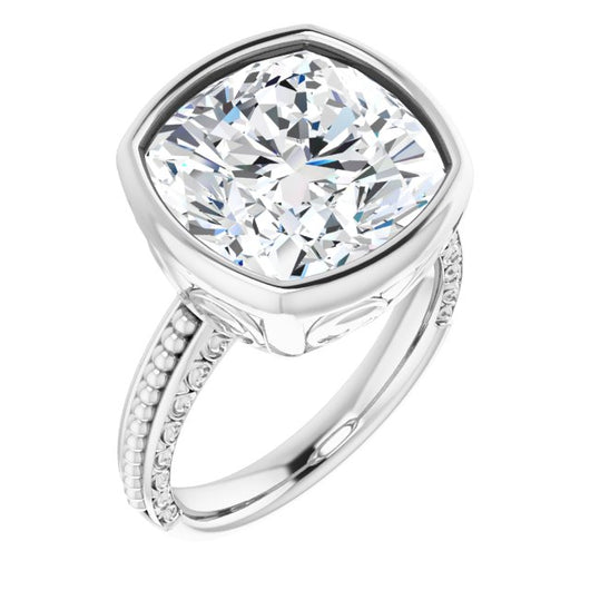 10K White Gold Customizable Bezel-set Cushion Cut Solitaire with Beaded and Carved Three-sided Band