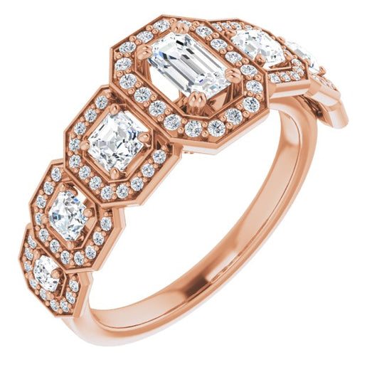 10K Rose Gold Customizable Cathedral-Halo Emerald/Radiant Cut Design with Six Halo-surrounded Asscher Cut Accents and Ultra-wide Band