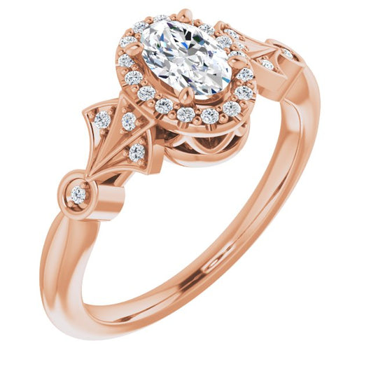 10K Rose Gold Customizable Cathedral-Crown Oval Cut Design with Halo and Scalloped Side Stones