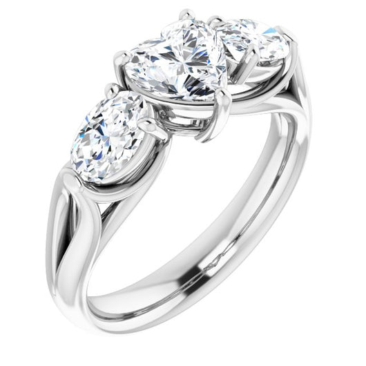 10K White Gold Customizable Cathedral-set 3-stone Heart Cut Style with Dual Oval Cut Accents & Wide Split Band