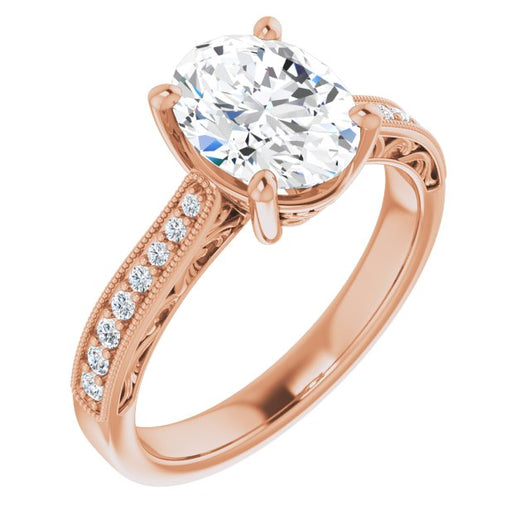 10K Rose Gold Customizable Oval Cut Design with Round Band Accents and Three-sided Filigree Engraving