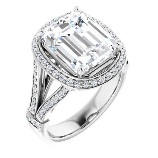 10K White Gold Customizable Emerald/Radiant Cut Setting with Halo, Under-Halo Trellis Accents and Accented Split Band