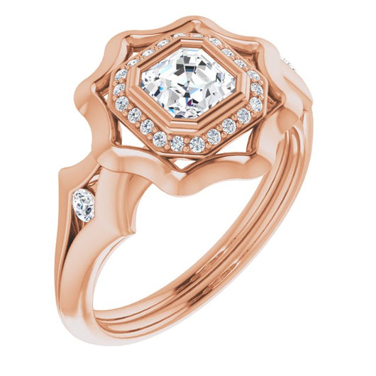 10K Rose Gold Customizable Bezel-set Asscher Cut with Halo & Oversized Floral Design