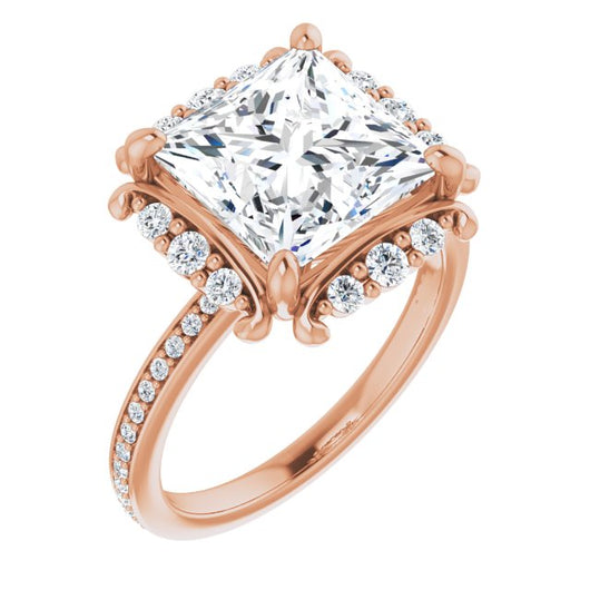 10K Rose Gold Customizable Princess/Square Cut Style with Halo and Thin Shared Prong Band