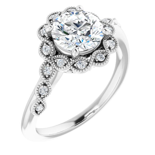 10K White Gold Customizable 3-stone Design with Round Cut Center and Halo Enhancement