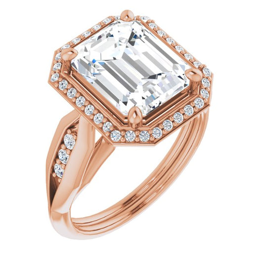 10K Rose Gold Customizable Cathedral-raised Emerald/Radiant Cut Design with Halo and Tri-Cluster Band Accents