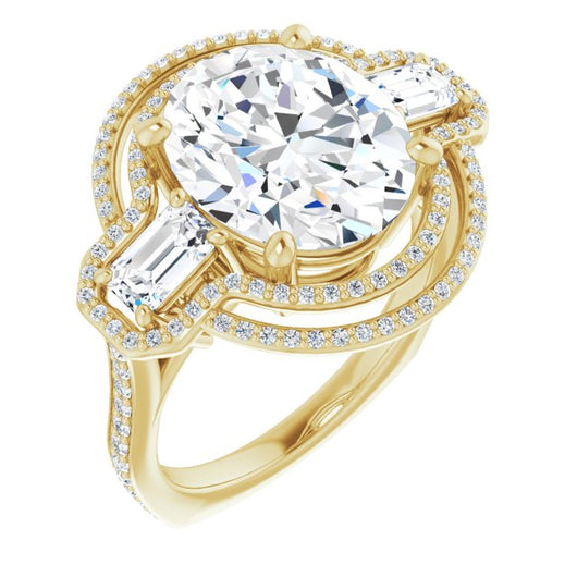 10K Yellow Gold Customizable Enhanced 3-stone Style with Oval Cut Center, Emerald Cut Accents, Double Halo and Thin Shared Prong Band