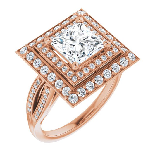 10K Rose Gold Customizable Cathedral-style Princess/Square Cut Design with Double Halo & Split-Pavé Band