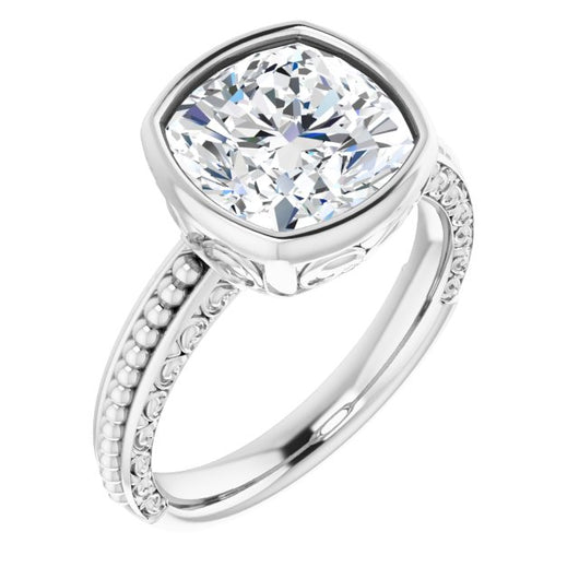 10K White Gold Customizable Bezel-set Cushion Cut Solitaire with Beaded and Carved Three-sided Band