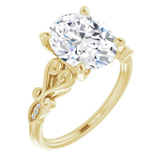 10K Yellow Gold Customizable 7-stone Design with Oval Cut Center Plus Sculptural Band and Filigree