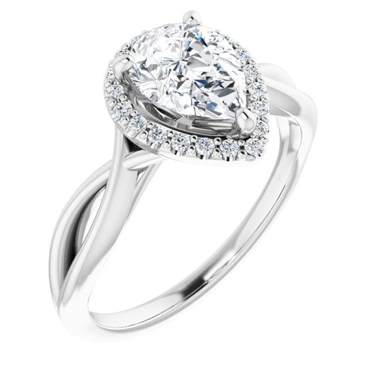 10K White Gold Customizable Cathedral-Halo Pear Cut Design with Twisting Split Band