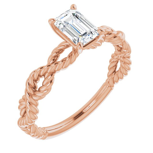 10K Rose Gold Customizable Emerald/Radiant Cut Solitaire with Infinity-inspired Twisting-Rope Split Band