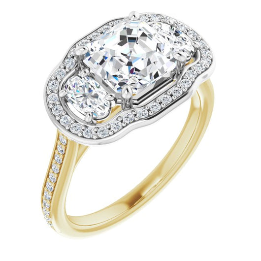 14K Yellow & White Gold Customizable Asscher Cut Style with Oval Cut Accents, 3-stone Halo & Thin Shared Prong Band