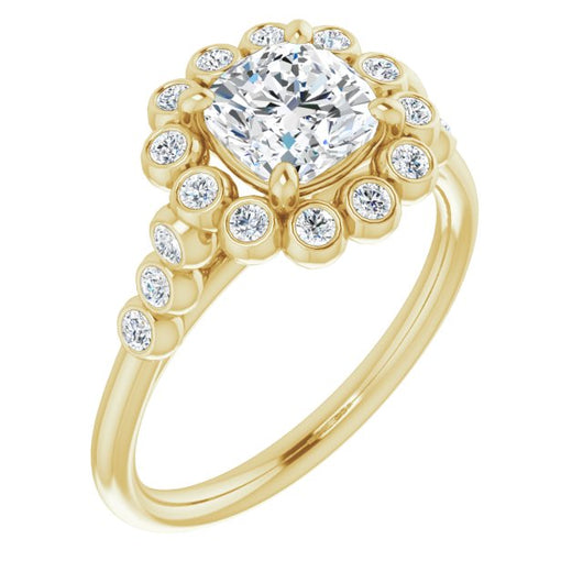 10K Yellow Gold Customizable Cushion Cut Cathedral-Style Clustered Halo Design with Round Bezel Accents