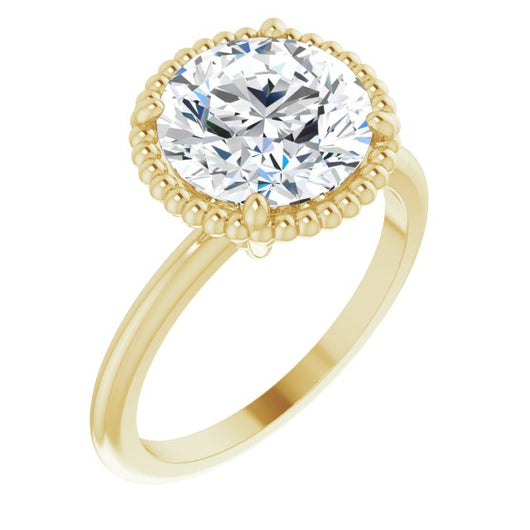 10K Yellow Gold Customizable Round Cut Solitaire with Beaded Metallic Milgrain