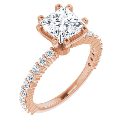 10K Rose Gold Customizable 8-prong Princess/Square Cut Design with Thin, Stackable Pav? Band