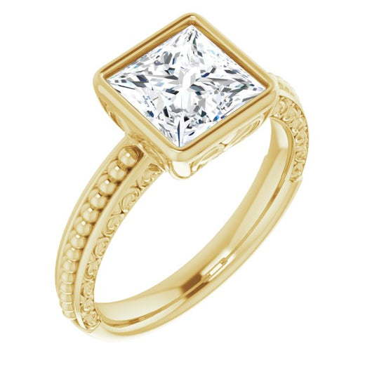 10K Yellow Gold Customizable Bezel-set Princess/Square Cut Solitaire with Beaded and Carved Three-sided Band