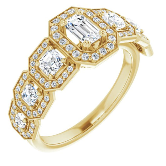 10K Yellow Gold Customizable Cathedral-Halo Emerald/Radiant Cut Design with Six Halo-surrounded Asscher Cut Accents and Ultra-wide Band