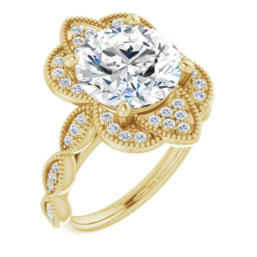 10K Yellow Gold Customizable Cathedral-style Round Cut Design with Floral Segmented Halo & Milgrain+Accents Band