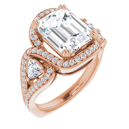 10K Rose Gold Customizable Emerald/Radiant Cut Center with Twin Trillion Accents, Twisting Shared Prong Split Band, and Halo