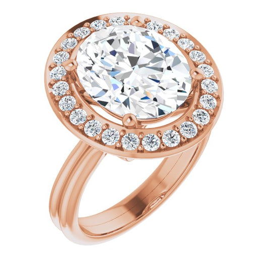 10K Rose Gold Customizable Cluster-Halo Accented Oval Cut Style with Tapered Dual Band