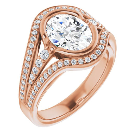 10K Rose Gold Customizable Cathedral-Bezel Oval Cut Design with Wide Triple-Split-Pavé Band