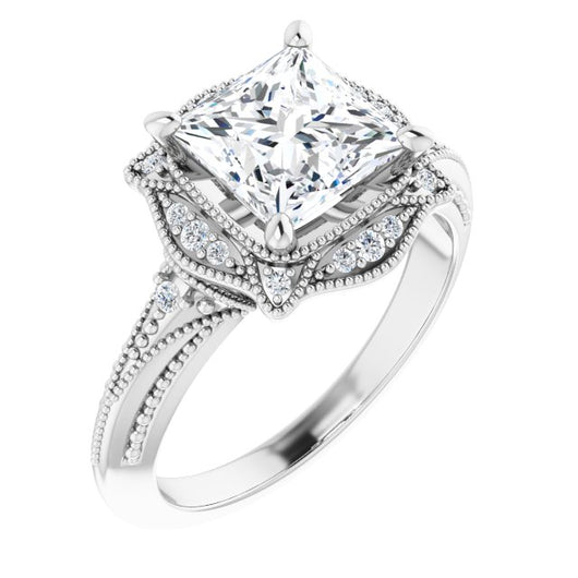 10K White Gold Customizable Vintage Princess/Square Cut Design with Beaded Milgrain and Starburst Semi-Halo