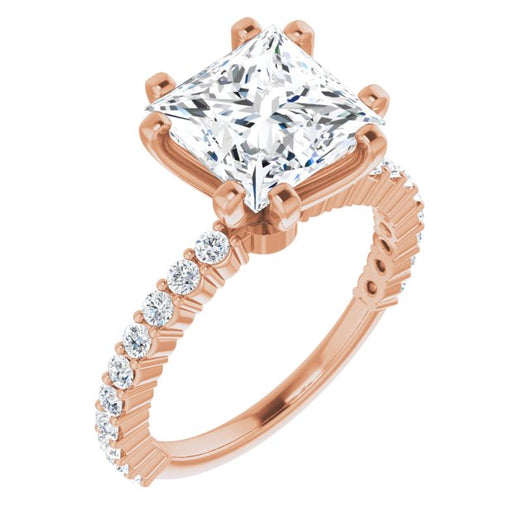 10K Rose Gold Customizable 8-prong Princess/Square Cut Design with Thin, Stackable Pav? Band