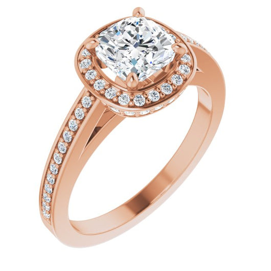 10K Rose Gold Customizable Cathedral-set Cushion Cut Design with Halo, Thin Pavé Band & Round-Bezel Peekaboos