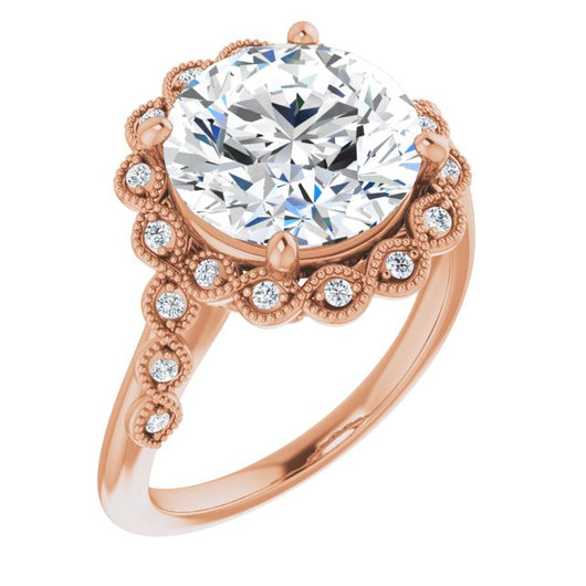 10K Rose Gold Customizable 3-stone Design with Round Cut Center and Halo Enhancement