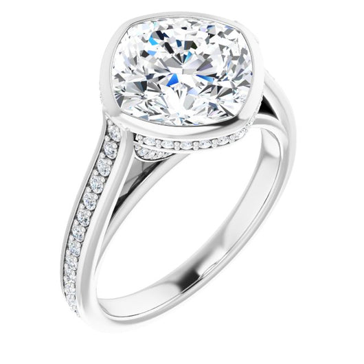 10K White Gold Customizable Cathedral-Bezel Cushion Cut Design with Under Halo and Shared Prong Band